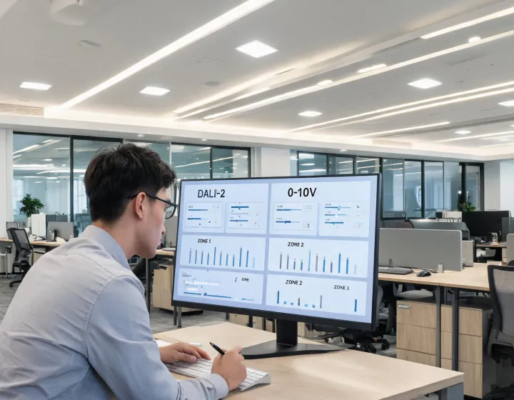 Commercial lighting controls dashboard beside installed office luminaires